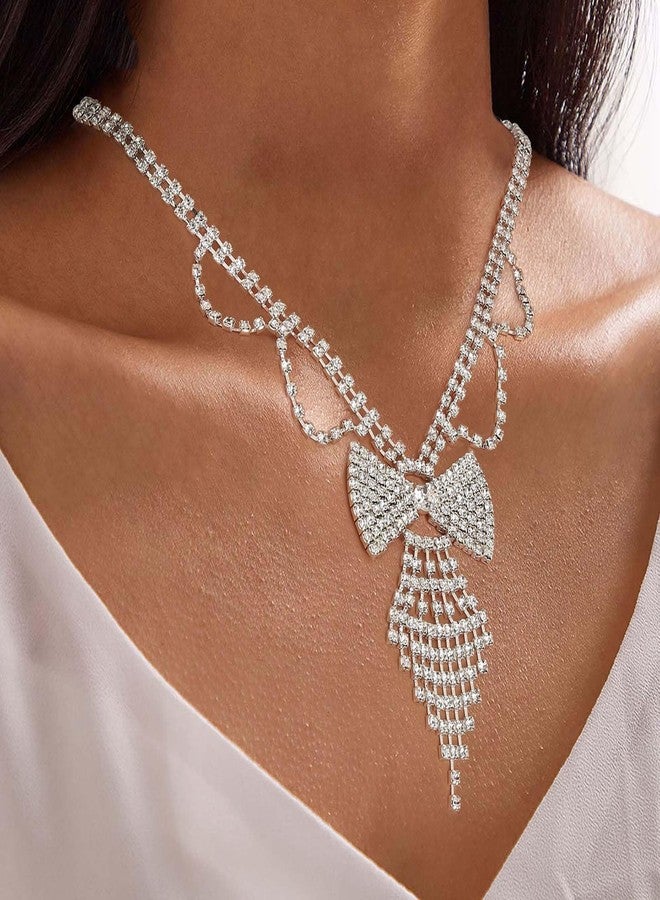 ELABEST LABEST Rhinestone Bowknot Necklace Bow Tie Tassel Choker Layered Tennis Chain for Women (Silver) - Image 3