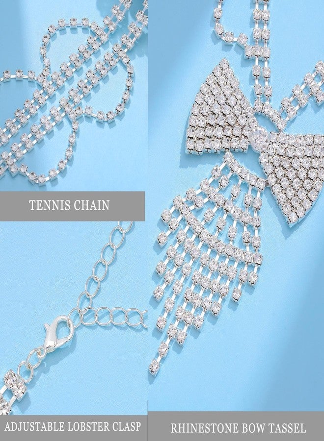ELABEST LABEST Rhinestone Bowknot Necklace Bow Tie Tassel Choker Layered Tennis Chain for Women (Silver) - Image 5