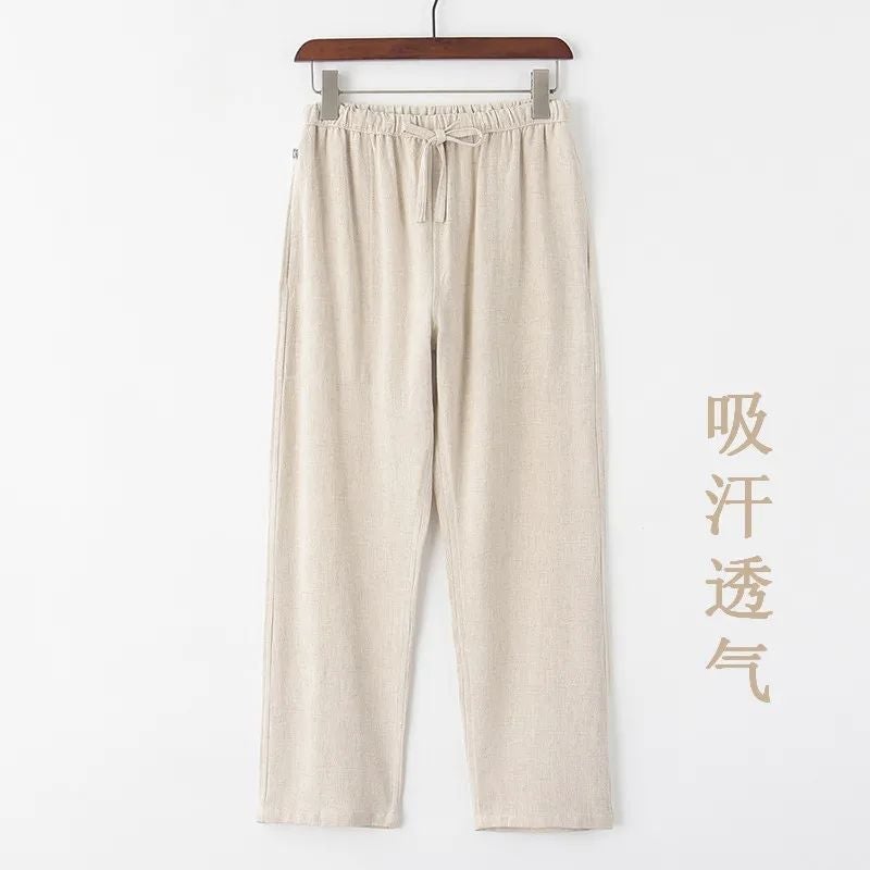 Long-sleeved shirt mens summer linen short-sleeved Tang suit seven points new Chinese national style mens Hanfu mandarin jacket White Pants] - Image 3