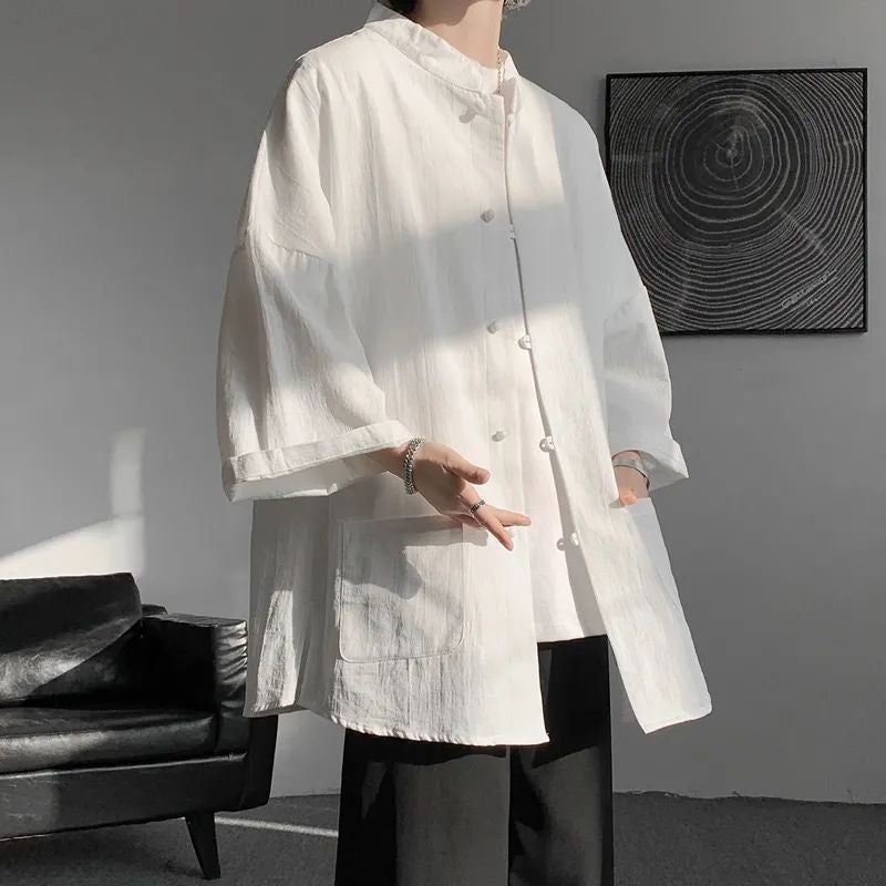 Long-sleeved shirt mens summer linen short-sleeved Tang suit seven points new Chinese national style mens Hanfu mandarin jacket White Pants] - Image 5