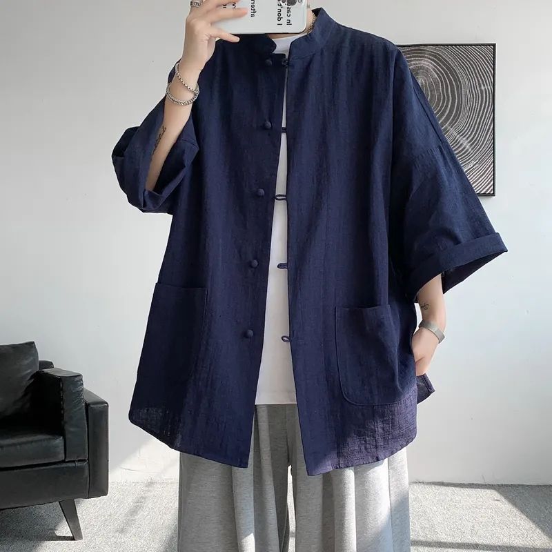 Long-sleeved shirt mens summer linen short-sleeved Tang suit seven points new Chinese national style mens Hanfu mandarin jacket White Pants] - Image 4
