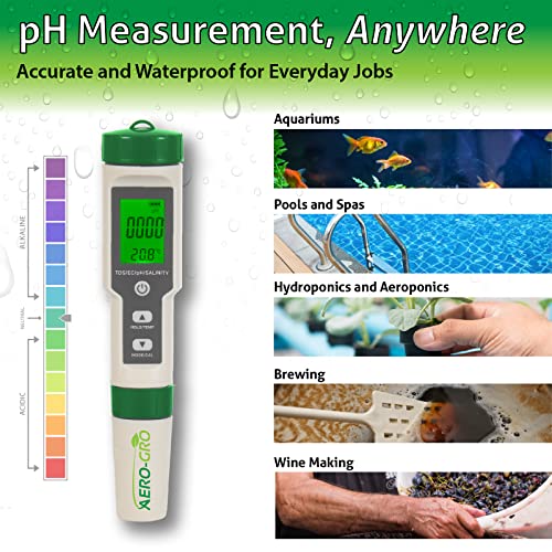 AERO-GRO Digital 5-in-1 Meter: 5 Functions: pH, TDS, EC, Salinity%, Salinity ppm, and Temp, IP67 Waterproof, Pen-Type Tester for Hydroponics, Water, Wine, Spas, Aquariums - Image 2