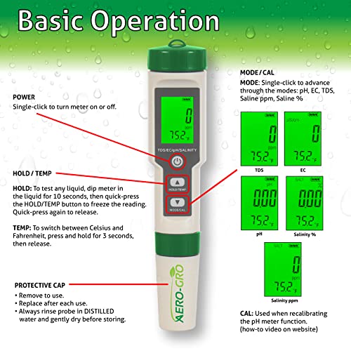 AERO-GRO Digital 5-in-1 Meter: 5 Functions: pH, TDS, EC, Salinity%, Salinity ppm, and Temp, IP67 Waterproof, Pen-Type Tester for Hydroponics, Water, Wine, Spas, Aquariums - Image 3