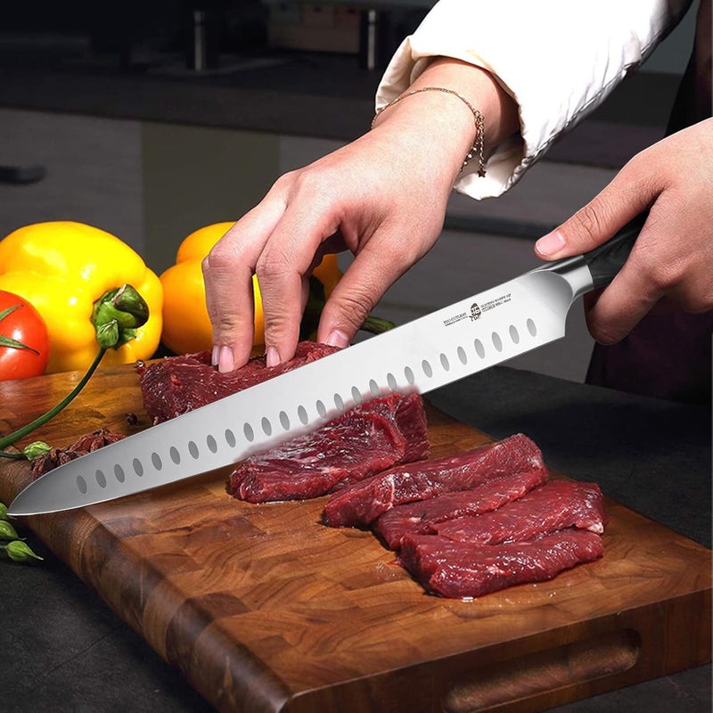 TUO Carving Knife 12 inch, Granton Edge Professional Brisket Slicing Knife for Meat Cutting, Forged German Stainless Super Steel, Pakkawood Handle with Gift Box, Fiery Phoenix Series - Black - Image 2