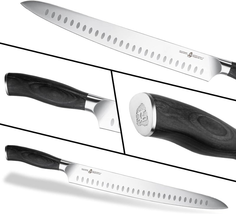 TUO Carving Knife 12 inch, Granton Edge Professional Brisket Slicing Knife for Meat Cutting, Forged German Stainless Super Steel, Pakkawood Handle with Gift Box, Fiery Phoenix Series - Black - Image 4