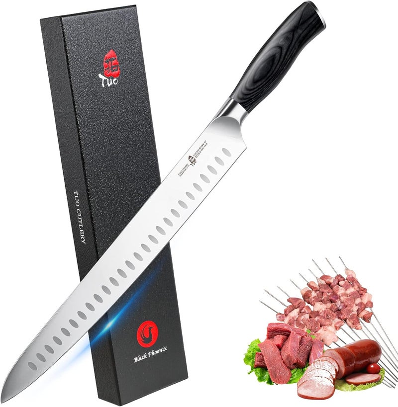 TUO Carving Knife 12 inch, Granton Edge Professional Brisket Slicing Knife for Meat Cutting, Forged German Stainless Super Steel, Pakkawood Handle with Gift Box, Fiery Phoenix Series - Black - Image 1