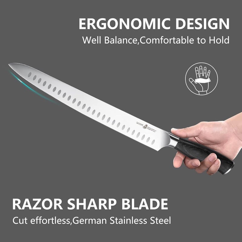 TUO Carving Knife 12 inch, Granton Edge Professional Brisket Slicing Knife for Meat Cutting, Forged German Stainless Super Steel, Pakkawood Handle with Gift Box, Fiery Phoenix Series - Black - Image 5