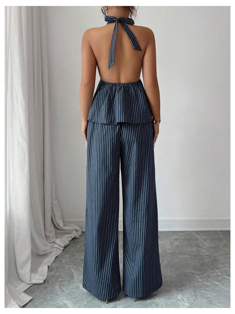 OYOANGLE Women's Two Piece Striped Outfits Backless Ruffle Halter Shirt Wide Leg Pants Business Casual Matching Sets Blue Medium - Image 3