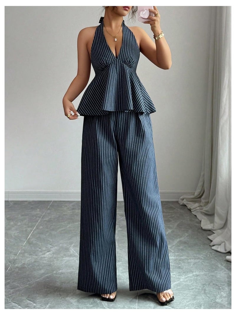 OYOANGLE Women's Two Piece Striped Outfits Backless Ruffle Halter Shirt Wide Leg Pants Business Casual Matching Sets Blue Medium - Image 4