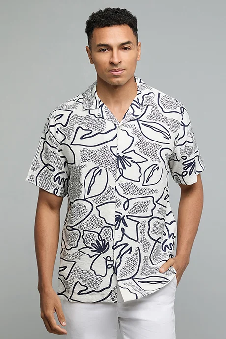 R&B Patterned Shirt with Revere Collar and Short Sleeves