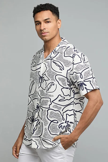 R&B Patterned Shirt with Revere Collar and Short Sleeves
