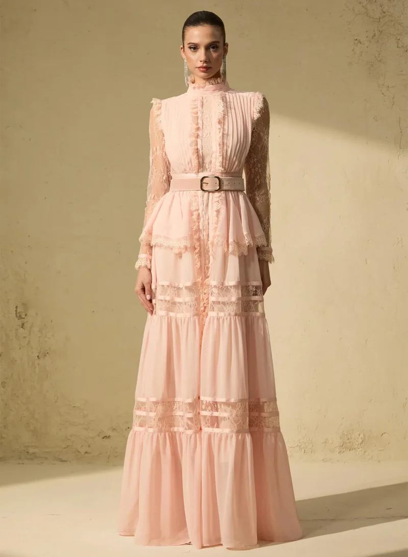 سنفير Unique Impression Pink High Neck Ruffled Trim Maxi Dress