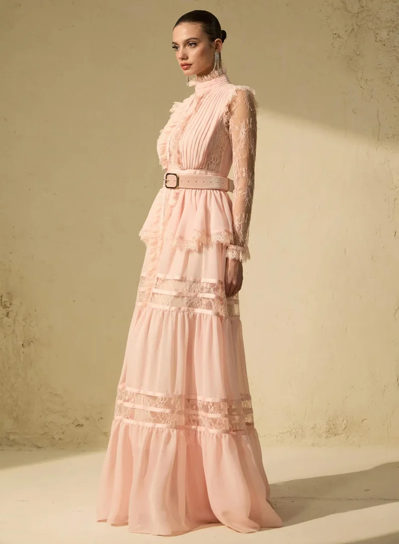 سنفير Unique Impression Pink High Neck Ruffled Trim Maxi Dress