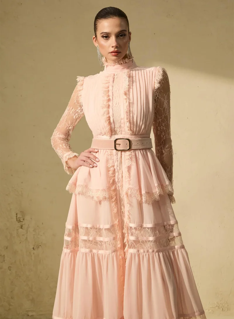 Sunfere  Unique Impression Pink High Neck Ruffled Trim Maxi Dress for Women | Best Price UAE