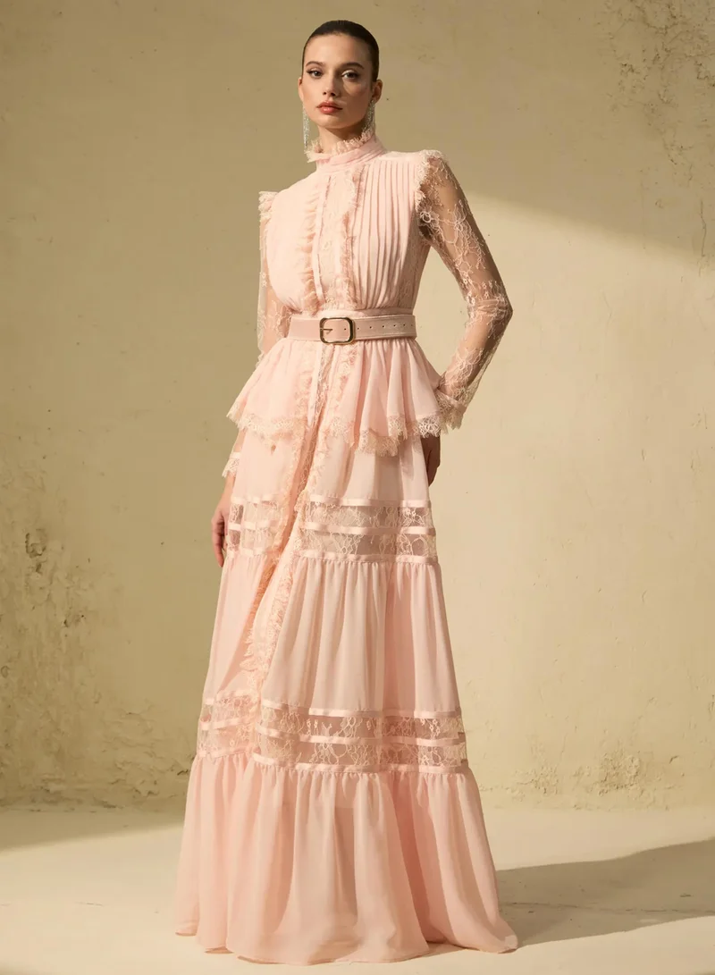 Sunfere  Unique Impression Pink High Neck Ruffled Trim Maxi Dress for Women | Best Price UAE
