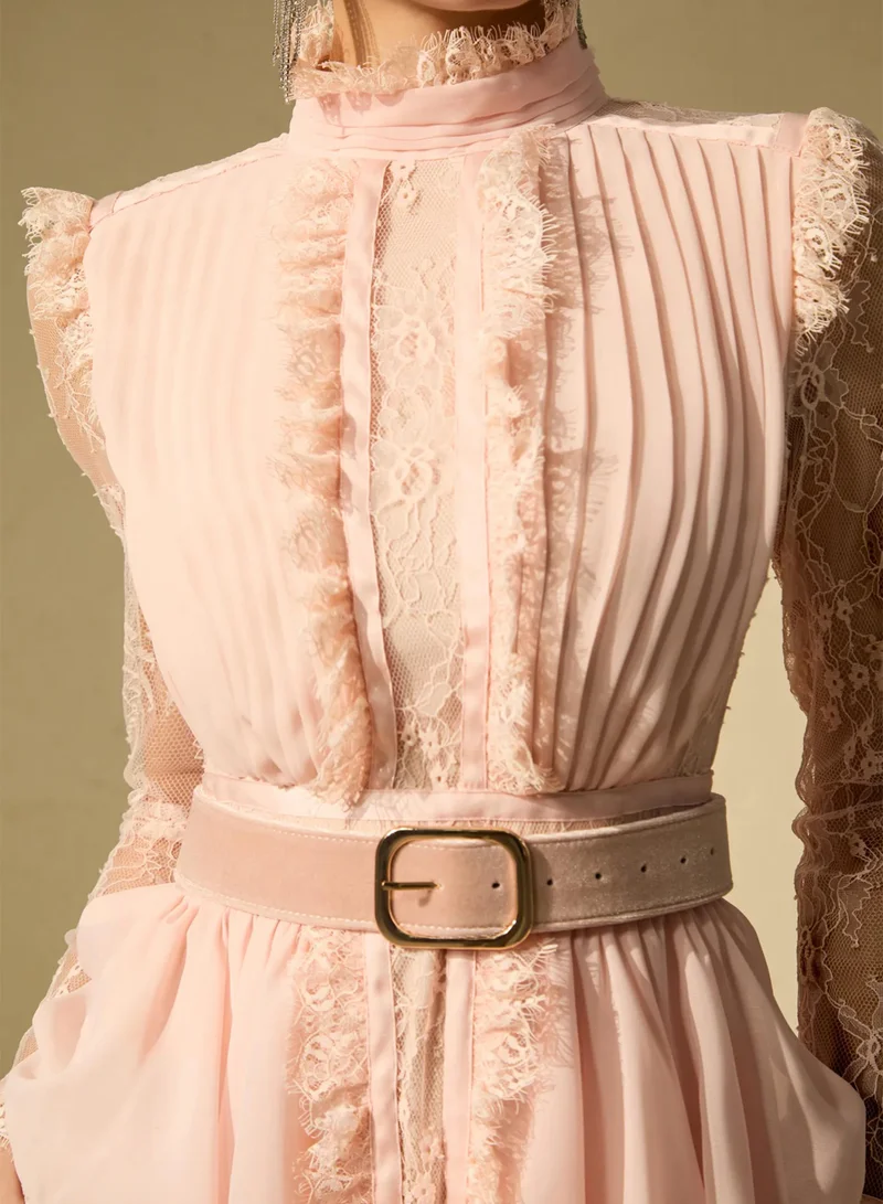 Sunfere  Unique Impression Pink High Neck Ruffled Trim Maxi Dress for Women | Best Price UAE