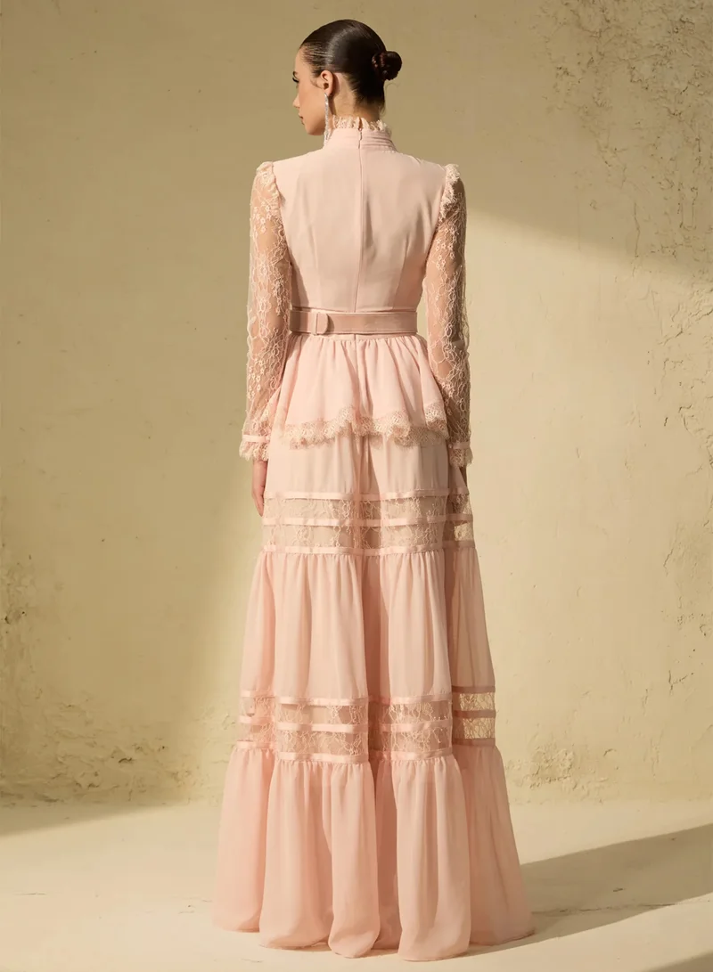 Sunfere  Unique Impression Pink High Neck Ruffled Trim Maxi Dress for Women | Best Price UAE