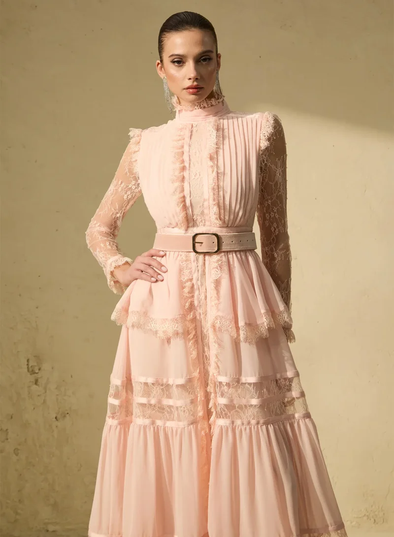 Sunfere  Unique Impression Pink High Neck Ruffled Trim Maxi Dress for Women | Best Price UAE