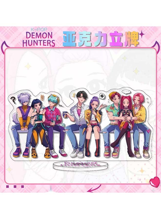 KPop Demon Hunters Full Squad Casual Edition Acrylic Monument 16 cm Complete Group Standee, Relaxed Bench Scene with All Characters, Glossy Anime Display for Desk, Shelf & Collector Gifts - Image 1