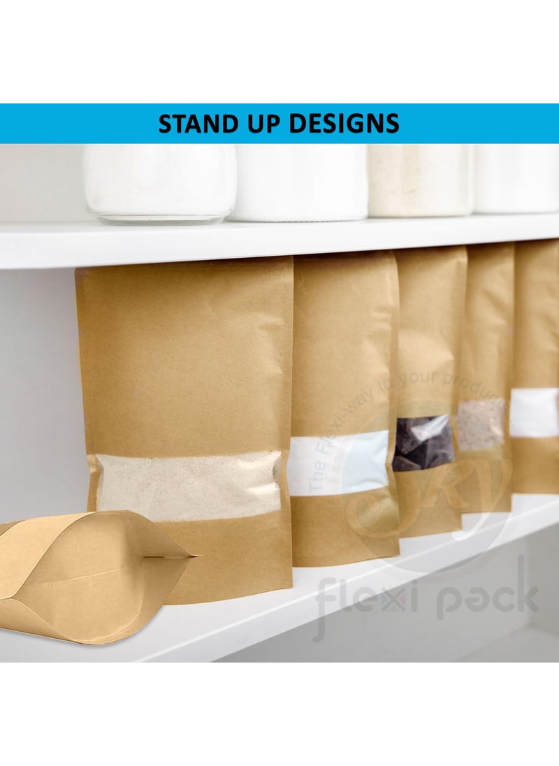SKY FLEXI PACK SKY FLEXI PACK Kraft Paper Ziplock Pouch 10 x 15cm Pack of 100 Airtight Reusable Stand Up Waterproof Multipurpose Storage Bags with Rectangle Transparent Window Capacity up to 50g  - Image 4