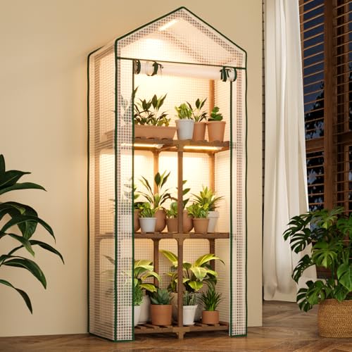 Bamworld Mini Greenhouse with Grow Light Plant Stand for Mutiple Pots Outdoor 3Tierd Reusable Portable Warm House with PE Cover Compact Patio Boho Home Decor - Image 1