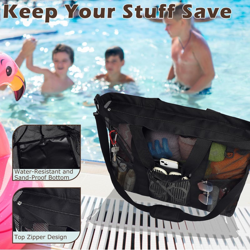 Fammart Mesh Beach Bag, Large Beach Tote with Zipper Pocket, Toys Pool Bag for Family Travel Vacation Cruise Essentials, XXL - Black - Image 5