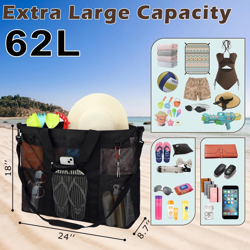 Fammart Mesh Beach Bag, Large Beach Tote with Zipper Pocket, Toys Pool Bag for Family Travel Vacation Cruise Essentials, XXL - Black - Image 3