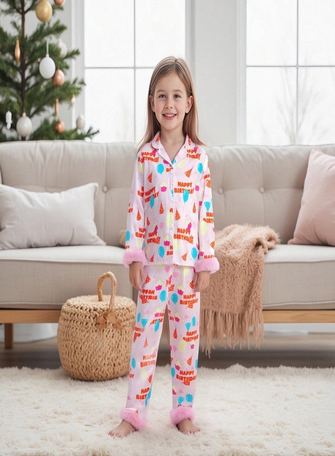 fyclemt Toddler Girl Birthday Pajamas Silk Stain Pjs Cake Balloons Button Down Shirt 2Piece Sleepwear Set Little Kids Girls Nightgown (Happy Birthday Pink Balloons Print, 18-24 Months) - Image 3