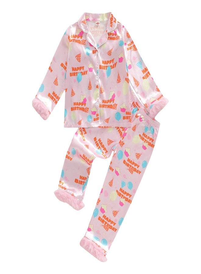 fyclemt Toddler Girl Birthday Pajamas Silk Stain Pjs Cake Balloons Button Down Shirt 2Piece Sleepwear Set Little Kids Girls Nightgown (Happy Birthday Pink Balloons Print, 18-24 Months) - Image 1