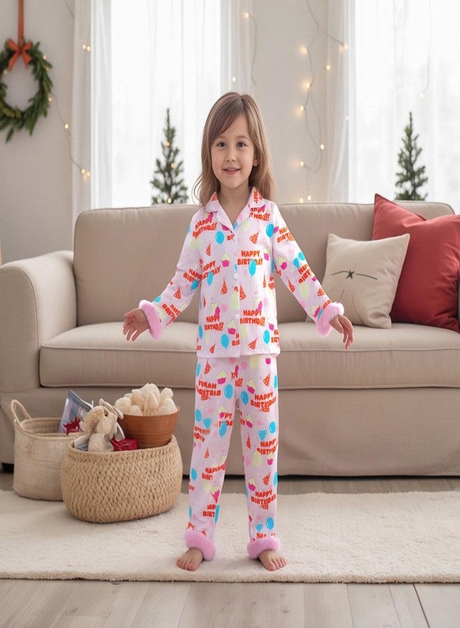 fyclemt Toddler Girl Birthday Pajamas Silk Stain Pjs Cake Balloons Button Down Shirt 2Piece Sleepwear Set Little Kids Girls Nightgown (Happy Birthday Pink Balloons Print, 18-24 Months) - Image 2