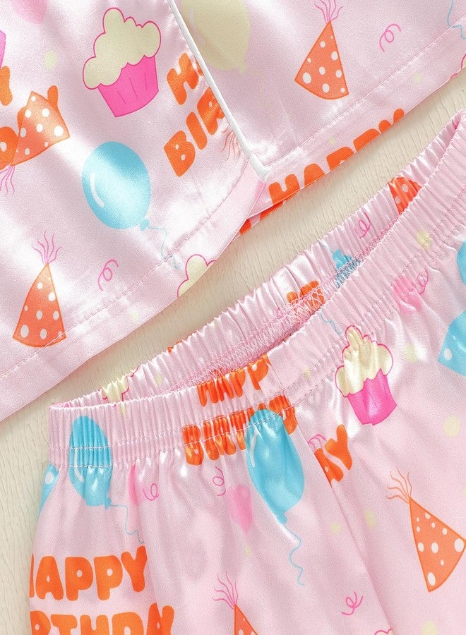 fyclemt Toddler Girl Birthday Pajamas Silk Stain Pjs Cake Balloons Button Down Shirt 2Piece Sleepwear Set Little Kids Girls Nightgown (Happy Birthday Pink Balloons Print, 18-24 Months) - Image 5