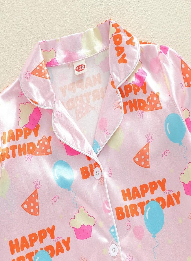 fyclemt Toddler Girl Birthday Pajamas Silk Stain Pjs Cake Balloons Button Down Shirt 2Piece Sleepwear Set Little Kids Girls Nightgown (Happy Birthday Pink Balloons Print, 18-24 Months) - Image 4