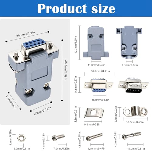 Tnuocke 18Pack DB9 Connector Adapter Kit, 9 Pin D-SUB Male/Female Solder Cup Connectors, Tin Plated Housing, Lightweight Gray Plastic Hoods, Individually Bagged - Image 2