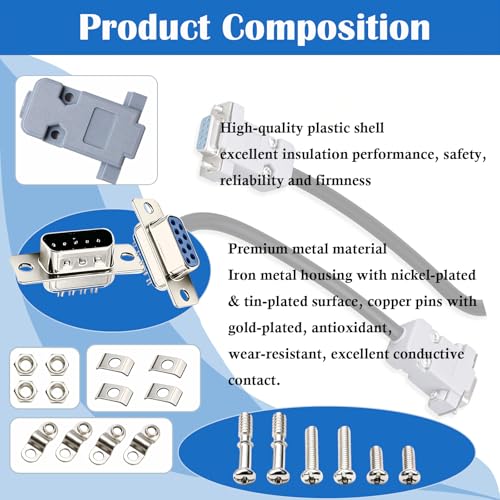Tnuocke 18Pack DB9 Connector Adapter Kit, 9 Pin D-SUB Male/Female Solder Cup Connectors, Tin Plated Housing, Lightweight Gray Plastic Hoods, Individually Bagged - Image 3