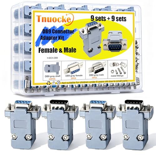 Tnuocke 18Pack DB9 Connector Adapter Kit, 9 Pin D-SUB Male/Female Solder Cup Connectors, Tin Plated Housing, Lightweight Gray Plastic Hoods, Individually Bagged - Image 1