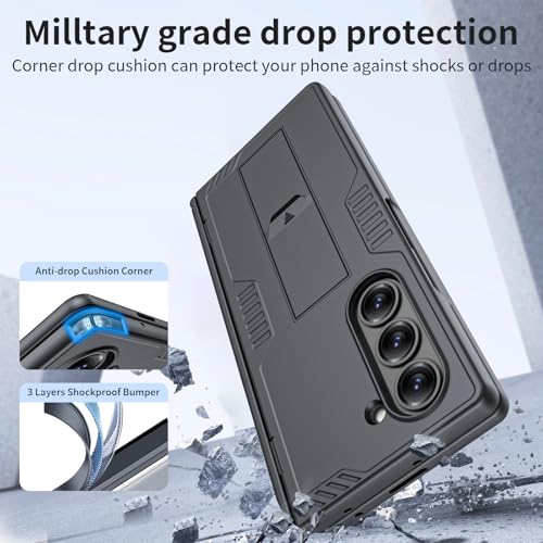 Midkart Armor Case Compatible with Samsung Galaxy Z Fold 6 Hinge Protection Front Glass Cover with Hidden Kickstand and Finger Holder Support, Black - Image 4