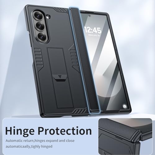 Midkart Armor Case Compatible with Samsung Galaxy Z Fold 6 Hinge Protection Front Glass Cover with Hidden Kickstand and Finger Holder Support, Black - Image 3