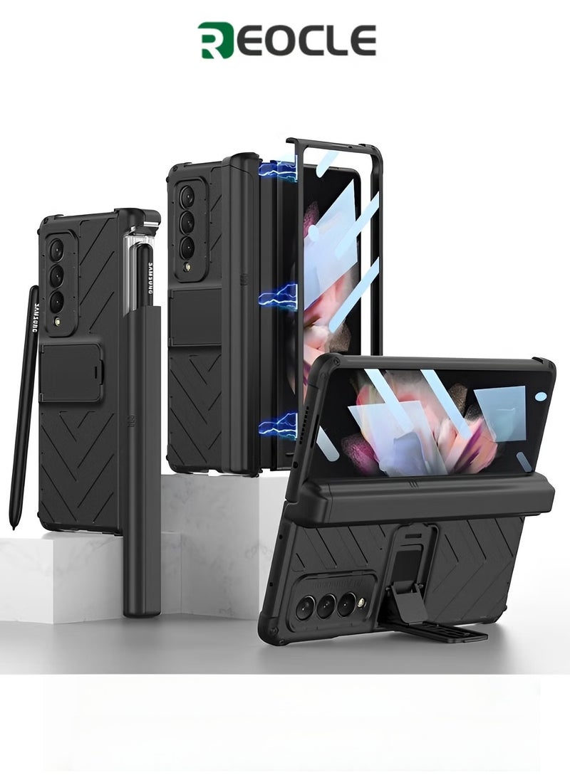 REOCLE Phone Case Phone Cover Magnetic Armor All-included Slide Pen Case with Back Screen Glass Hinge Holder Phone Cover for Samsung Galaxy Z Fold 3 - Image 1