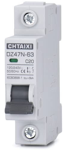 Chtaixi AC Miniature Circuit Breaker, 20 Amp 120V/240V 1 Pole DIN Rail Mount Circuit Breaker, Thermal Magnetic Trip, Solar AC Disconnect Switch MCB C20 - Image 1