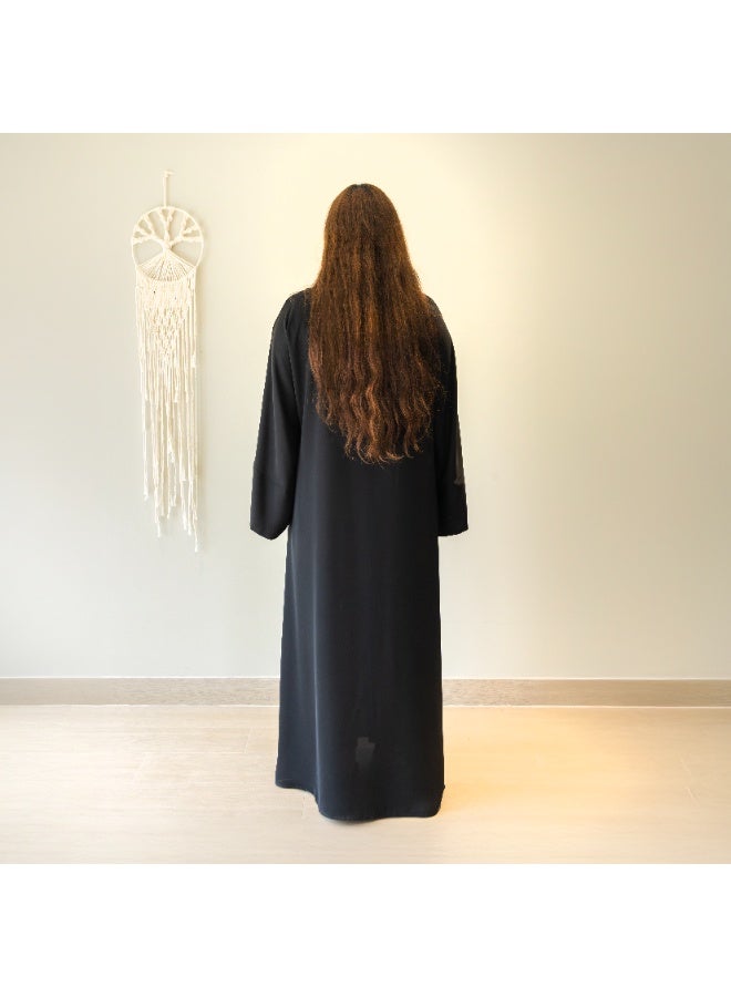 LINELLE عباءة لينيل الفاخرة السوداء بتصميم الأزهار والأحجار للنساء - رقبة على شكل V أنيقة، مقدمة مزررة، أكمام واسعة، ملابس يومية ومناسبات محتشمة - Image 3