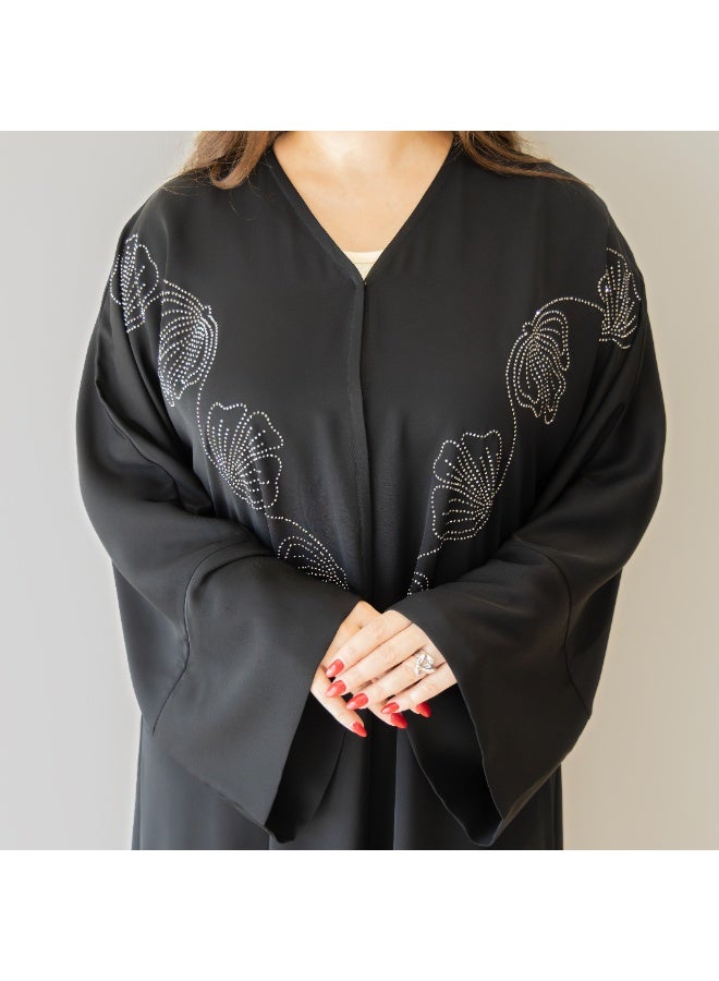 LINELLE عباءة لينيل الفاخرة السوداء بتصميم الأزهار والأحجار للنساء - رقبة على شكل V أنيقة، مقدمة مزررة، أكمام واسعة، ملابس يومية ومناسبات محتشمة - Image 4