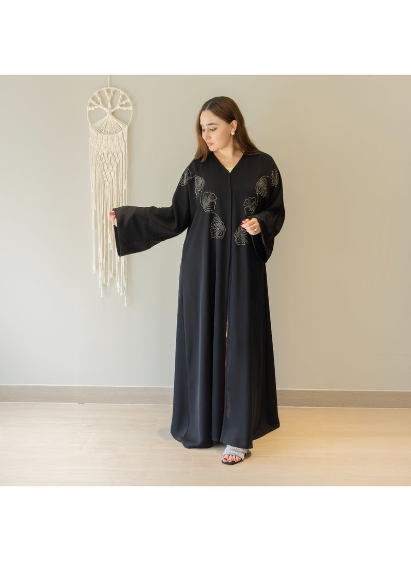 LINELLE عباءة لينيل الفاخرة السوداء بتصميم الأزهار والأحجار للنساء - رقبة على شكل V أنيقة، مقدمة مزررة، أكمام واسعة، ملابس يومية ومناسبات محتشمة - Image 1