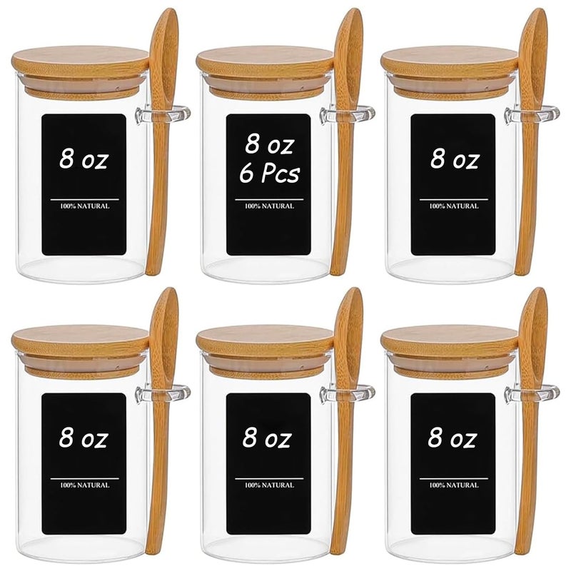 ComSaf Spice Jars with Spoon 8 oz 6Pack, Small Spice Containers Starter Set, Glass Seasoning Jars with Labels, Round Seasoning Containers for Salt, Pepper, Chili Powder, Sugar, Loose Tea Storage - Image 1