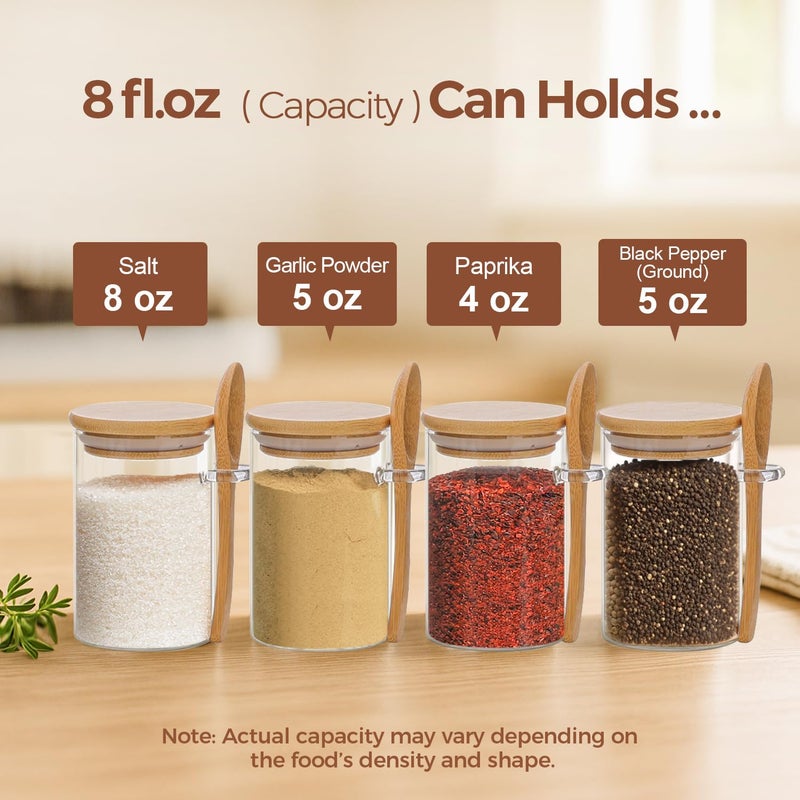 ComSaf Spice Jars with Spoon 8 oz 6Pack, Small Spice Containers Starter Set, Glass Seasoning Jars with Labels, Round Seasoning Containers for Salt, Pepper, Chili Powder, Sugar, Loose Tea Storage - Image 2