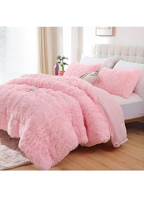 Smoofy Smoofy Fluffy Queen Comforter Set Faux Fur Pink Comforter Set Queen Size Luxury Fuzzy Bedding Set Soft Shaggy Bed Set Pink for All Season 3 Pieces  1 Comforter  2 Pillowcases 