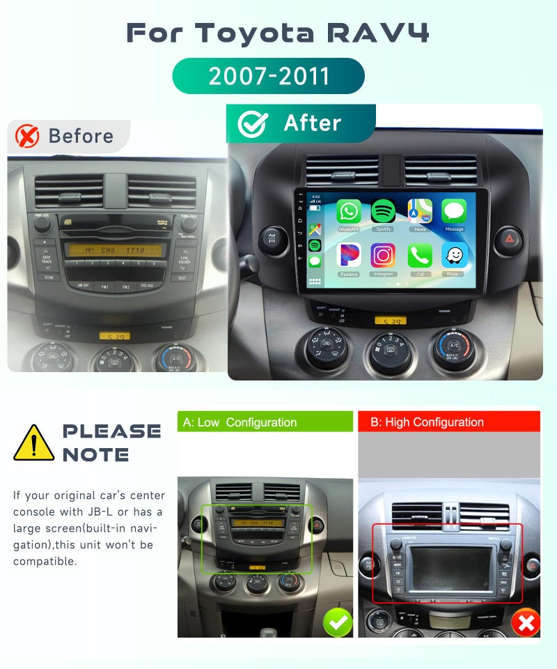 Podofo 4G+64G Car Radio for Toyota RAV4 2007-2011 with Wireless CarPlay/Android Auto, 10.1 Inch 1280 * 720P IPS Touch Screen Stereo Android 13 GPS WiFi Bluetooth DSP SWC HD Backup Camera - Image 2