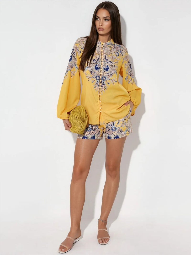 Jennyfer Paisley Tie-front Blouse And Shorts Set - Image 1