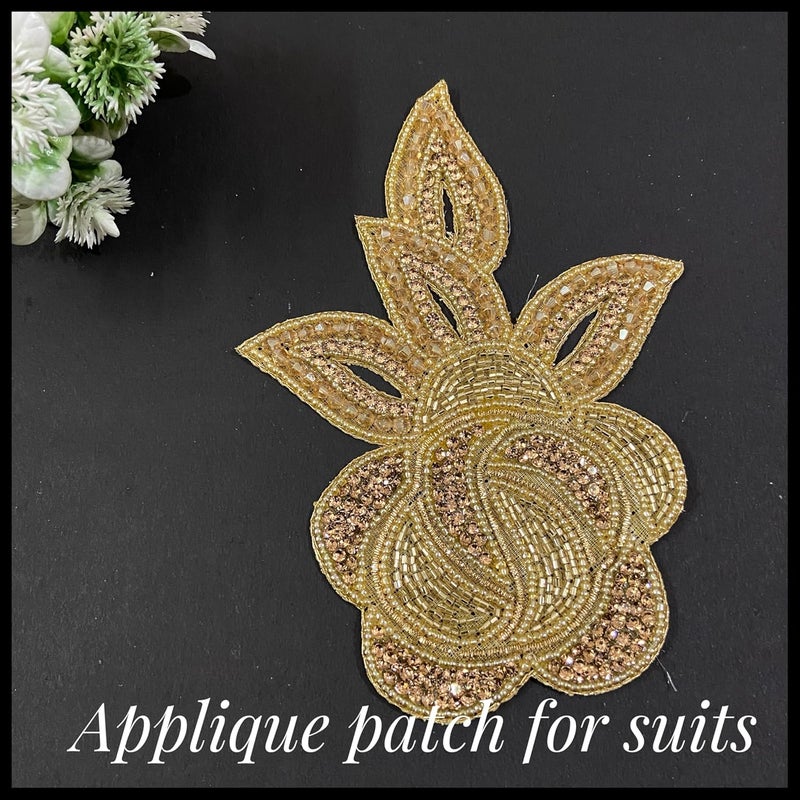 Ushaworks Gold SewOn Appliqu Patch with Beaded SewOn Appliqu Patch with Floral and Leaf Design for Suits Pack of 1 pcs - Image 4