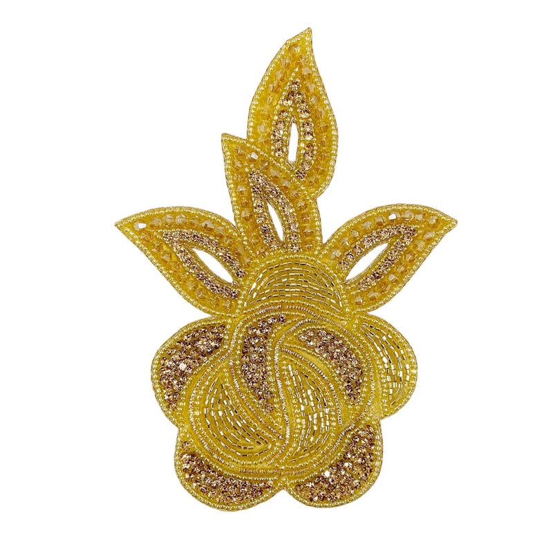 Ushaworks Gold SewOn Appliqu Patch with Beaded SewOn Appliqu Patch with Floral and Leaf Design for Suits Pack of 1 pcs - Image 1