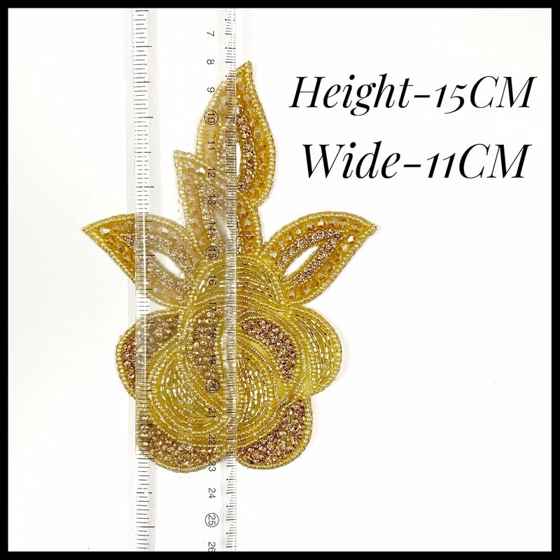 Ushaworks Gold SewOn Appliqu Patch with Beaded SewOn Appliqu Patch with Floral and Leaf Design for Suits Pack of 1 pcs - Image 3